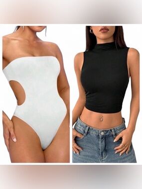 SHEINBae Bundle White Strapless Cutout Bodysuit + Black Ruched Mock Neck Tank S